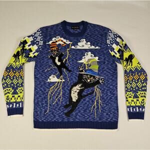 Halloween Ugly Sweater Embroidered Black Cat Wizard Hat Size Small Blizzard Bay